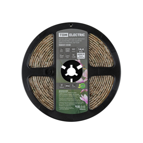 Лента светодиодная SMD5050-60 LED/м-IP65-12 В-14,4 Вт/м-6000 К (5 м) блистер TDM