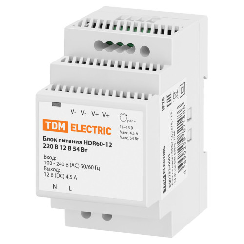 Блок питания HDR60-12, 220 В, 12 В, 54 Вт (на DIN-рейку) TDM