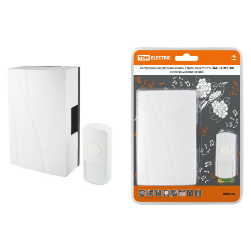 Звонок беспроводной в эл.сеть ЗБС-11/М1-ЭМ (эл.мех, кнопка IP44, AC 230V, многокодовый) TDM