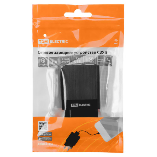 Сетевое зарядное устройство, СЗУ 8, Quick Charge 3.0, 3 А, 2 USB, черный, TDM