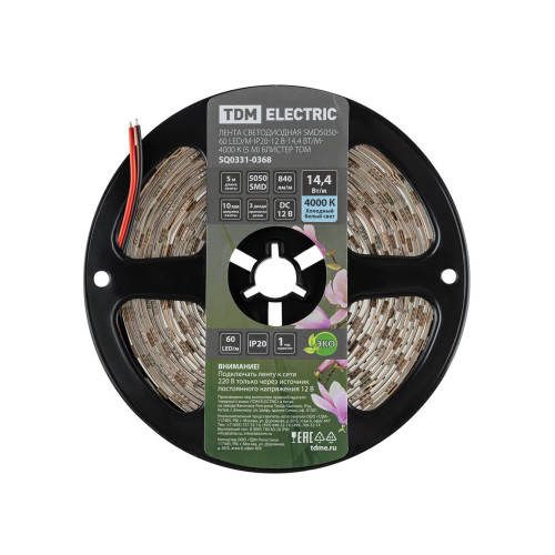 Лента светодиодная SMD5050-60 LED/м-IP20-12 В-14,4 Вт/м-4000 К (5 м) блистер TDM