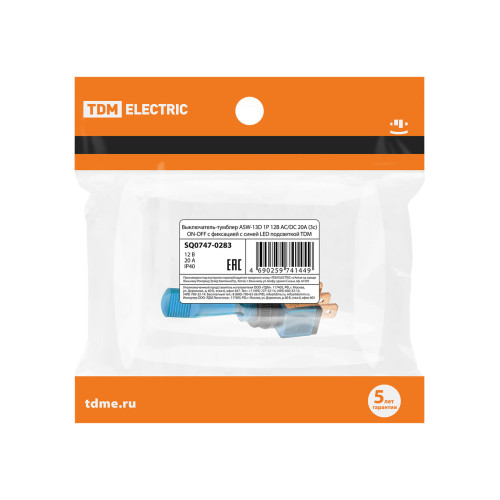 Выключатель-тумблер ASW-13D 1P 12В AC/DC 20А (3c) ON-OFF с фиксацией с синей LED подсветкой TDM