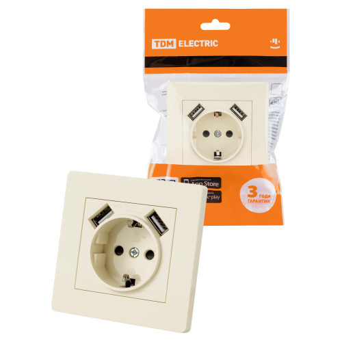 Розетка 2П+З 16А 250В + 2 USB порта 2,1А 5В сл. кость 