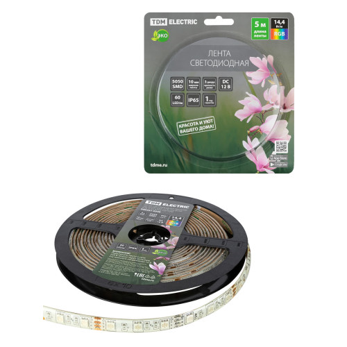 Лента светодиодная SMD5050-60 LED/м-IP65-12 В-14,4 Вт/м-RGB (5 м) блистер TDM