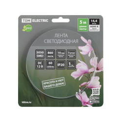 Лента светодиодная SMD5050-60 LED/м-IP20-12 В-14,4 Вт/м-6000 К (5 м) блистер TDM