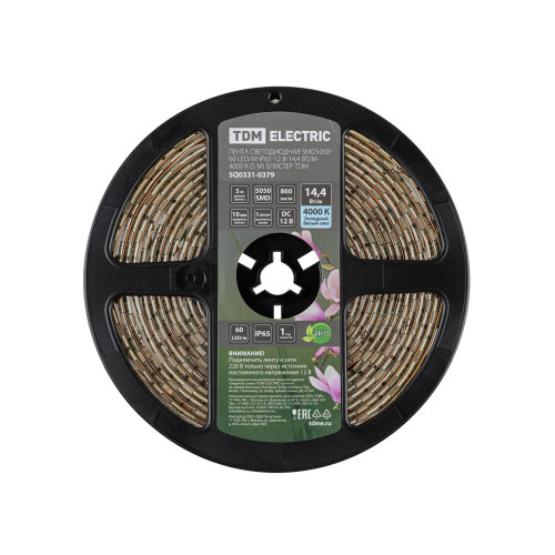 Лента светодиодная SMD5050-60 LED/м-IP65-12 В-14,4 Вт/м-4000 К (5 м) блистер TDM