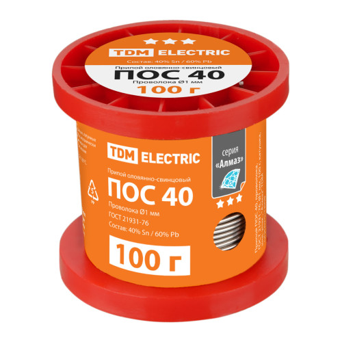 Припой ПОС 40, проволока, ГОСТ 21931-76, Ø1 мм, 100 г, катушка, инд. упак., 
