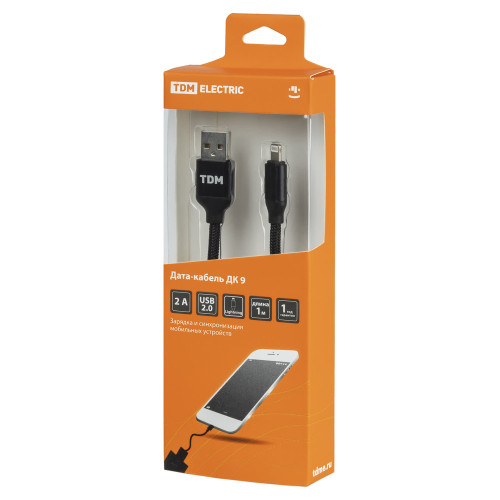 Дата-кабель, ДК 9, USB - Lightning, 1 м, тканевая оплетка, черный, TDM
