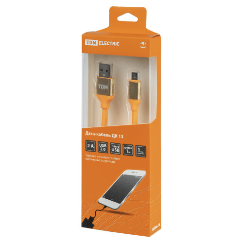Дата-кабель, ДК 13, USB - micro USB, 1 м, силиконовая оплетка, оранжевый, TDM