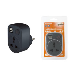 Адаптер универсальный поворотный с/з 250В 16А + 2USB 2.1A черный TDM