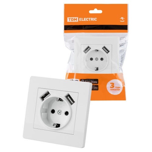 Розетка 2П+З 16А 250В + 2 USB порта 2,1А 5В белая 