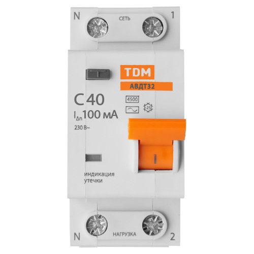 АВДТ 32 2P(1P+N) C40 100мА 4,5кА тип АС - Автоматический Выключатель Дифференциального тока TDM