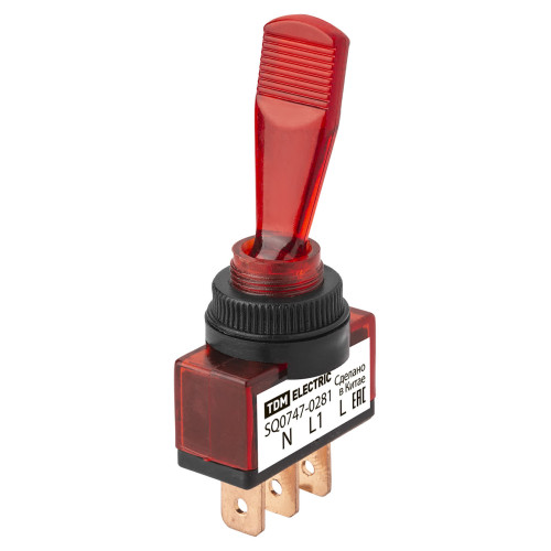 Выключатель-тумблер ASW-13D 1P 12В AC/DC 20А (3c) ON-OFF с фиксацией с красной LED подсветкой TDM