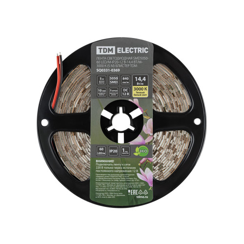Лента светодиодная SMD5050-60 LED/м-IP20-12 В-14,4 Вт/м-3000 К (5 м) блистер TDM
