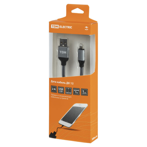 Дата-кабель, ДК 12, USB - Lightning, 1 м, тканевая оплетка, серый, TDM