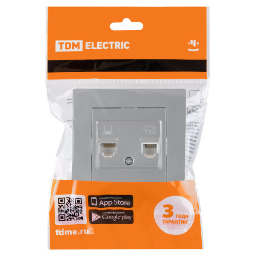 Розетка телефонная RJ11 + компьютерная RJ45 серебр. металлик 