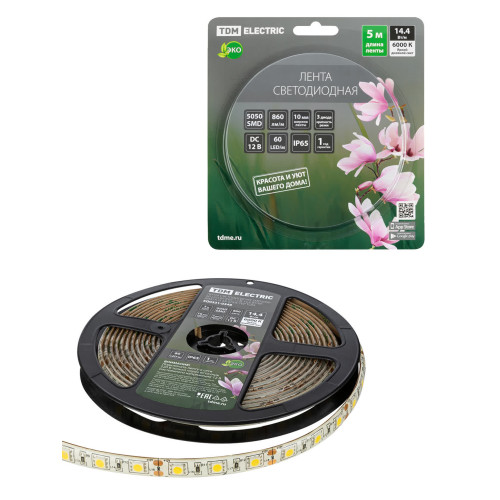 Лента светодиодная SMD5050-60 LED/м-IP65-12 В-14,4 Вт/м-6000 К (5 м) блистер TDM