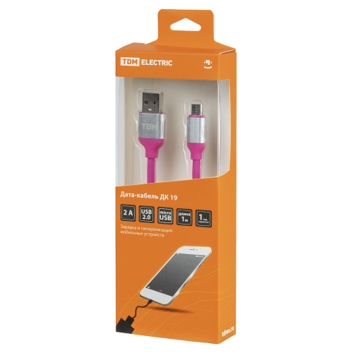 Дата-кабель, ДК 19, USB - micro USB, 1 м, силиконовая оплетка, розовый, TDM
