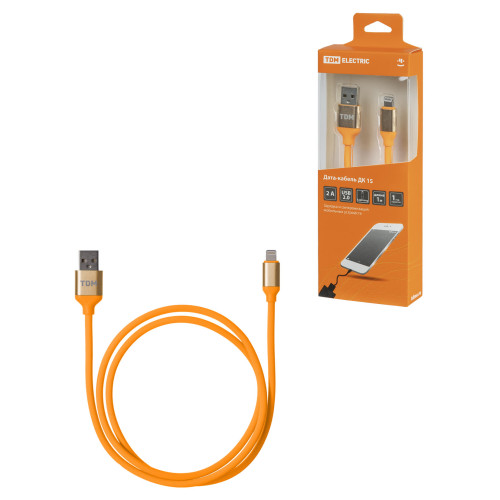 Дата-кабель, ДК 15, USB - Lightning, 1 м, силиконовая оплетка, оранжевый, TDM