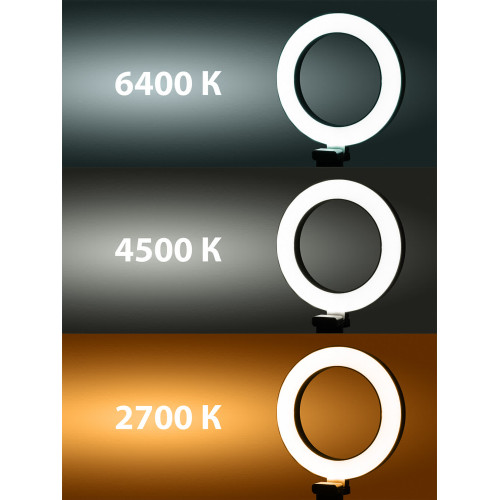 Лампа кольцевая светодиодная 16 см, 6 Вт, 2700-6400 К, штатив наст., диммер, USB, TDM