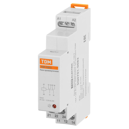 Реле промежуточное РЭК-1М/2 16А  12В АС/DC (DIN-рейка, 2р-контакт) TDM
