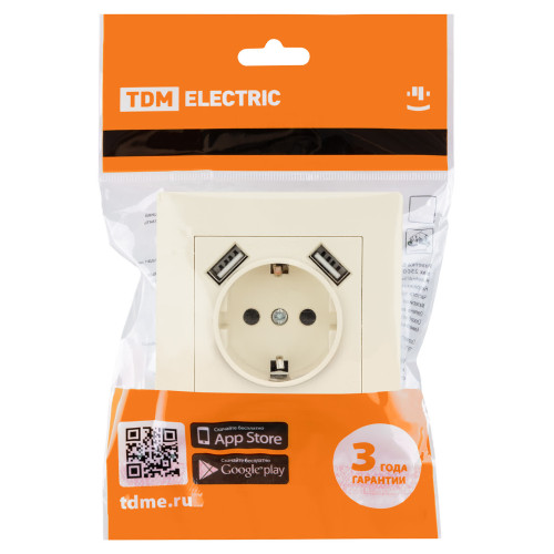 Розетка 2П+З 16А 250В + 2 USB порта 2,1А 5В сл. кость 