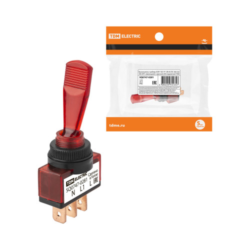 Выключатель-тумблер ASW-13D 1P 12В AC/DC 20А (3c) ON-OFF с фиксацией с красной LED подсветкой TDM