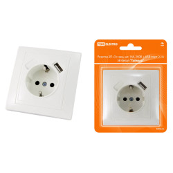 Розетка 2П+З с защ. шт. 16А 250В + USB порт 2,1А 5В белая 