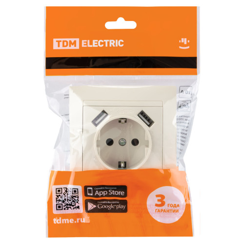 Розетка 2П+З 16А 250В + 2 USB порта 2,1А 5В сл.кость 
