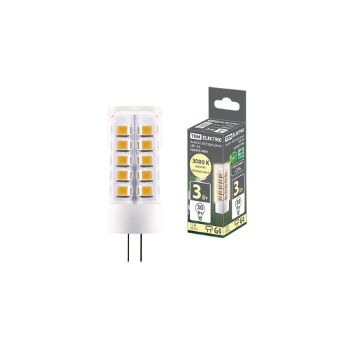 Лампа светодиодная G4-3 Вт-AC/DC 12 В-3000 К, SMD, 16x43 мм TDM