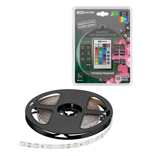 Комплект светодиодной ленты SMD5050-30 LED/м-12 В-7,2 Вт/м-IP20-RGB (5 м), 24 Вт, IR-контроллер TDM