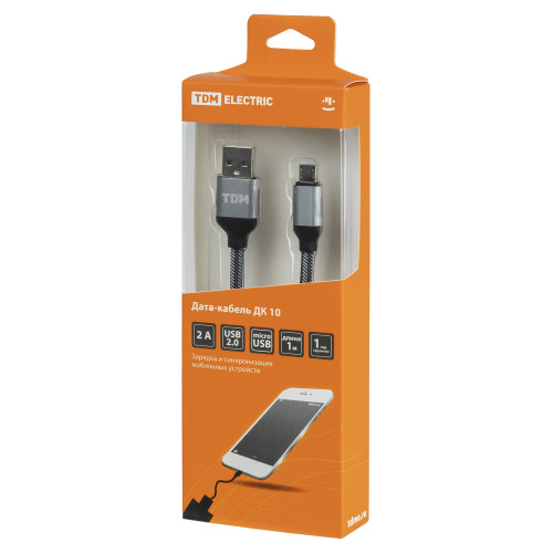 Дата-кабель, ДК 10, USB - micro USB, 1 м, тканевая оплетка, серый, TDM