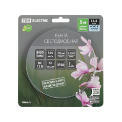 Лента светодиодная SMD5050-60 LED/м-IP20-12 В-14,4 Вт/м-4000 К (5 м) блистер TDM