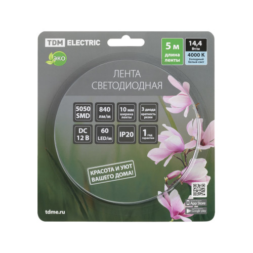 Лента светодиодная SMD5050-60 LED/м-IP20-12 В-14,4 Вт/м-4000 К (5 м) блистер TDM