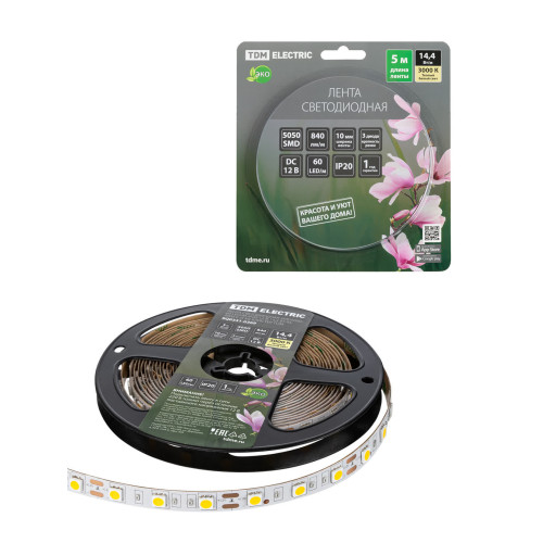 Лента светодиодная SMD5050-60 LED/м-IP20-12 В-14,4 Вт/м-3000 К (5 м) блистер TDM