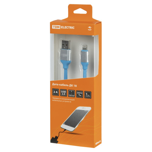 Дата-кабель, ДК 18, USB - Lightning, 1 м, силиконовая оплетка, голубой, TDM