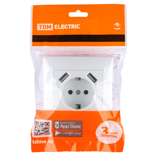 Розетка 2П+З 16А 250В + 2 USB порта 2,1А 5В белая 