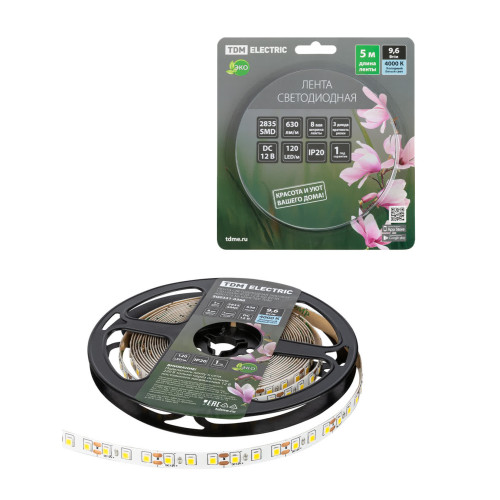 Лента светодиодная SMD2835-120 LED/м-IP20-12 В-9,6 Вт/м-4000 К (5 м) блистер TDM