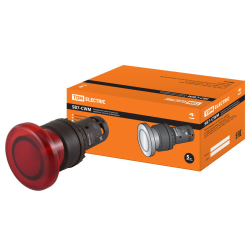 Кнопка грибовидная SB7-CWM42 с возвратом, 1НЗ, с подсветкой 220 В LED, d35 мм, красная, IP40 TDM