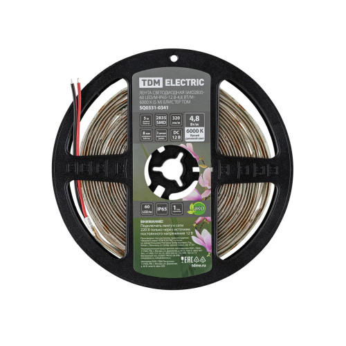 Лента светодиодная SMD2835-60 LED/м-IP65-12 В-4,8 Вт/м-6000 К (5 м) блистер TDM