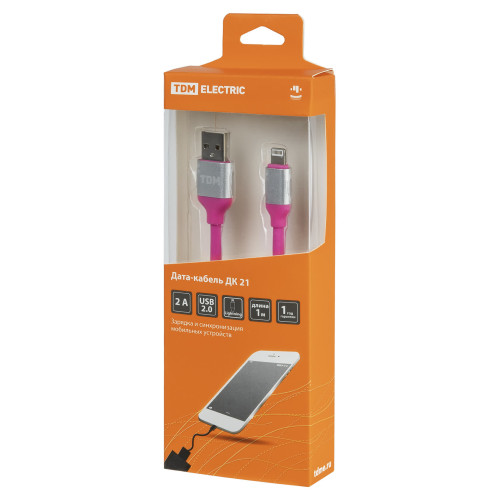 Дата-кабель, ДК 21, USB - Lightning, 1 м, силиконовая оплетка, розовый, TDM