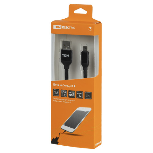 Дата-кабель, ДК 7, USB - micro USB, 1 м, тканевая оплетка, черный, TDM