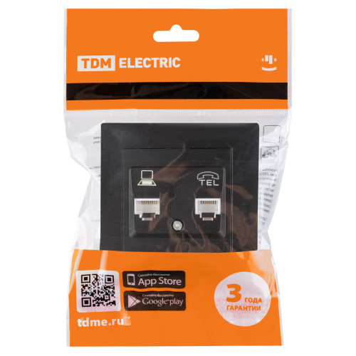 Розетка телефонная RJ11 + компьютерная RJ45 черная 