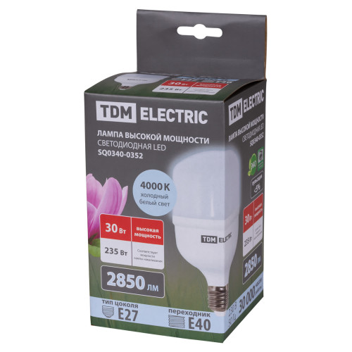 Лампа светодиодная T 30 Вт, 230 В, 4000 К, E27 (100x165 мм) TDM