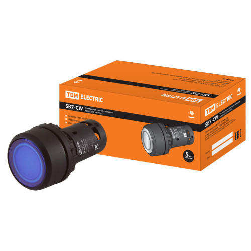 Кнопка SB7-CW3665 с возвратом, 1НО+1НЗ, d22 мм, с подсветкой 24 В LED, синяя, IP54 TDM