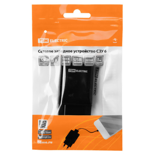 Сетевое зарядное устройство, СЗУ 6, Quick Charge 3.0, 3 А, 1 USB, черный, TDM