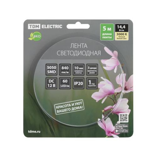 Лента светодиодная SMD5050-60 LED/м-IP20-12 В-14,4 Вт/м-3000 К (5 м) блистер TDM