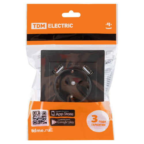 Розетка 2П+З 16А 250В + 2 USB порта 2,1А 5В черная 
