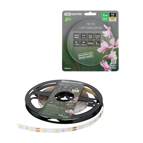 Лента светодиодная SMD2835-60 LED/м-IP20-12 В-4,8 Вт/м-3000 К (5 м) блистер TDM