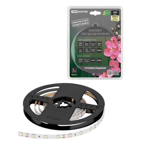 Комплект светодиодной ленты SMD2835-60 LED/м-12 В-4,8 Вт/м-IP20-3000 К (3 м), 18 Вт TDM